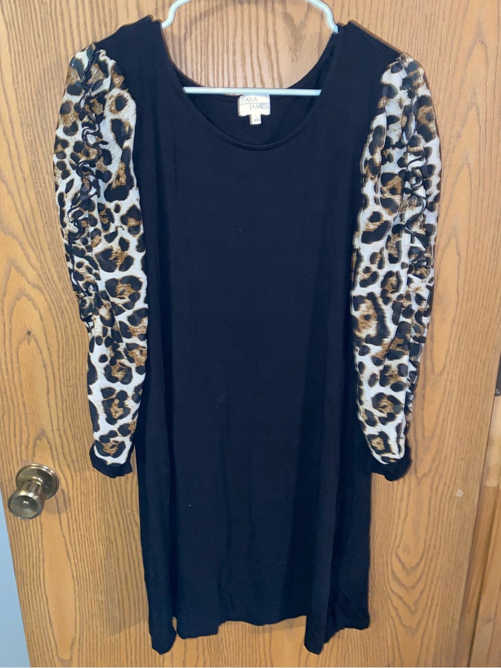 Ava James Black Long Sleeve Dress with Leopard Print Ruffle Sleeves